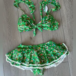 Green floral bikini with skirted bottom
